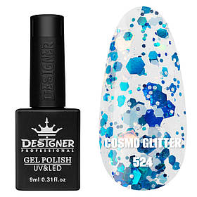 Гель-лак для манікюру Cosmo Glitter Дизайнер (з різнокольоровим глітером різного розміру), 9 мл Синій з блакитним і білим №524