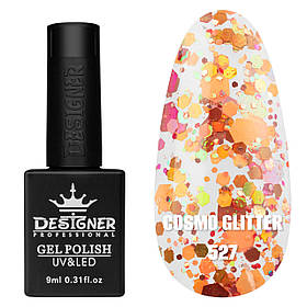 Гель-лак для манікюру Cosmo Glitter Дизайнер (з різнокольоровим глітером різного розміру), 9 мл Помаранчовий з рожевим №527