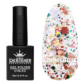 Гель-лак для манікюру Cosmo Glitter Дизайнер (з різнокольоровим глітером різного розміру), 9 мл Різнокольоровий з фіолетовим Білий з різнокольоровим №528