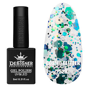 Гель-лак для манікюру Cosmo Glitter Дизайнер (з різнокольоровим глітером різного розміру), 9 мл Синій з зеленим і білим №529