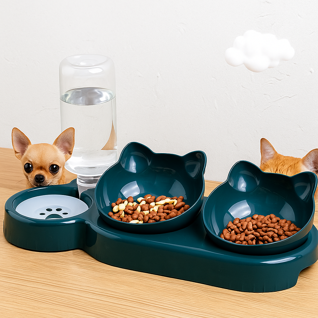 Подвійна миска для годування кішок з автоматичною поїлкою 500 мл Миска для тварин подвійна з напувалкою, фото 1
