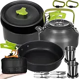 Набір туристичного посуду Trizand 23667 — каструля, сковорідка, чайник, столові прибори, чашки, карабіни, чохол, фото 3