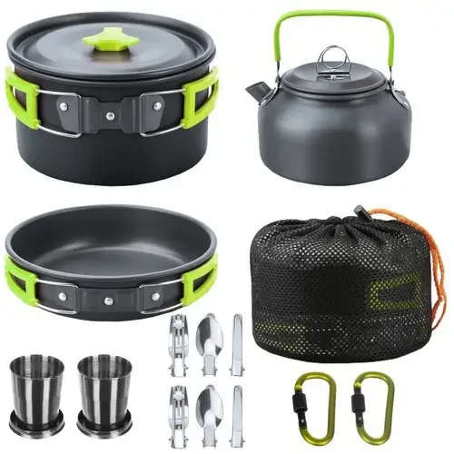 Набір туристичного посуду Trizand 23667 — каструля, сковорідка, чайник, столові прибори, чашки, карабіни, чохол, фото 1
