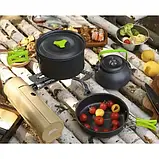 Набір туристичного посуду Trizand 23667 — каструля, сковорідка, чайник, столові прибори, чашки, карабіни, чохол, фото 6