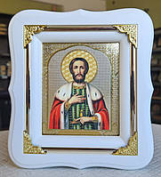 Икона Святой Александр Невский в белом фигурном киоте под стеклом, размер 18*16, сюжет 10*12.