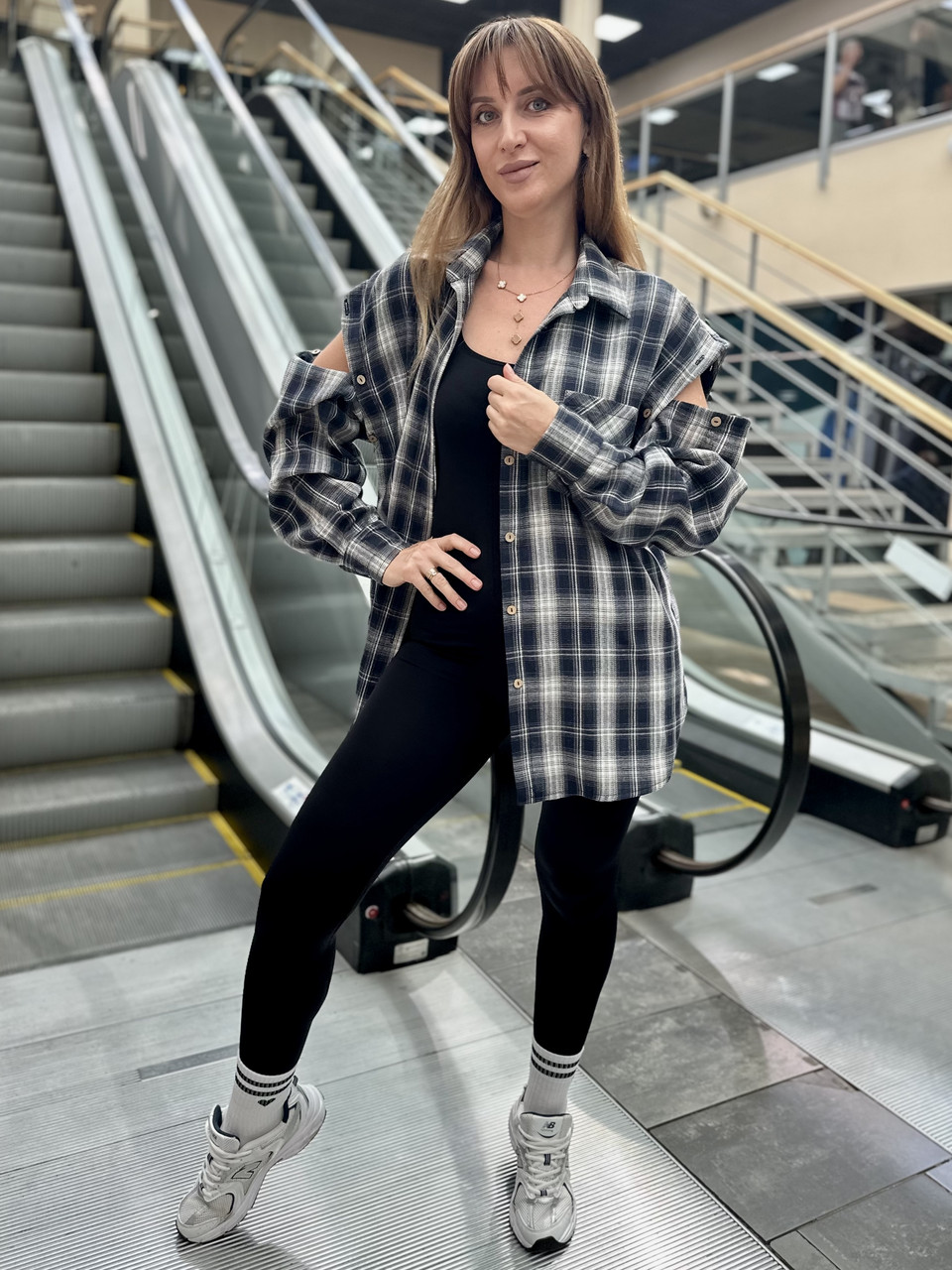 Жіноча сорочка в клітинку зі зйомними рукавами Синій/білий, фото 1