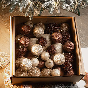 Набір ялинкових куль "Блиск" 40 шт. Коричневий. Подарунковий набір новорічних кульок Кульки на ялинку