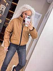 Жіноча шкіряна куртка з екошкіри на утеплювачі комір стійка на блискавці (р. 42-48) 65KU479