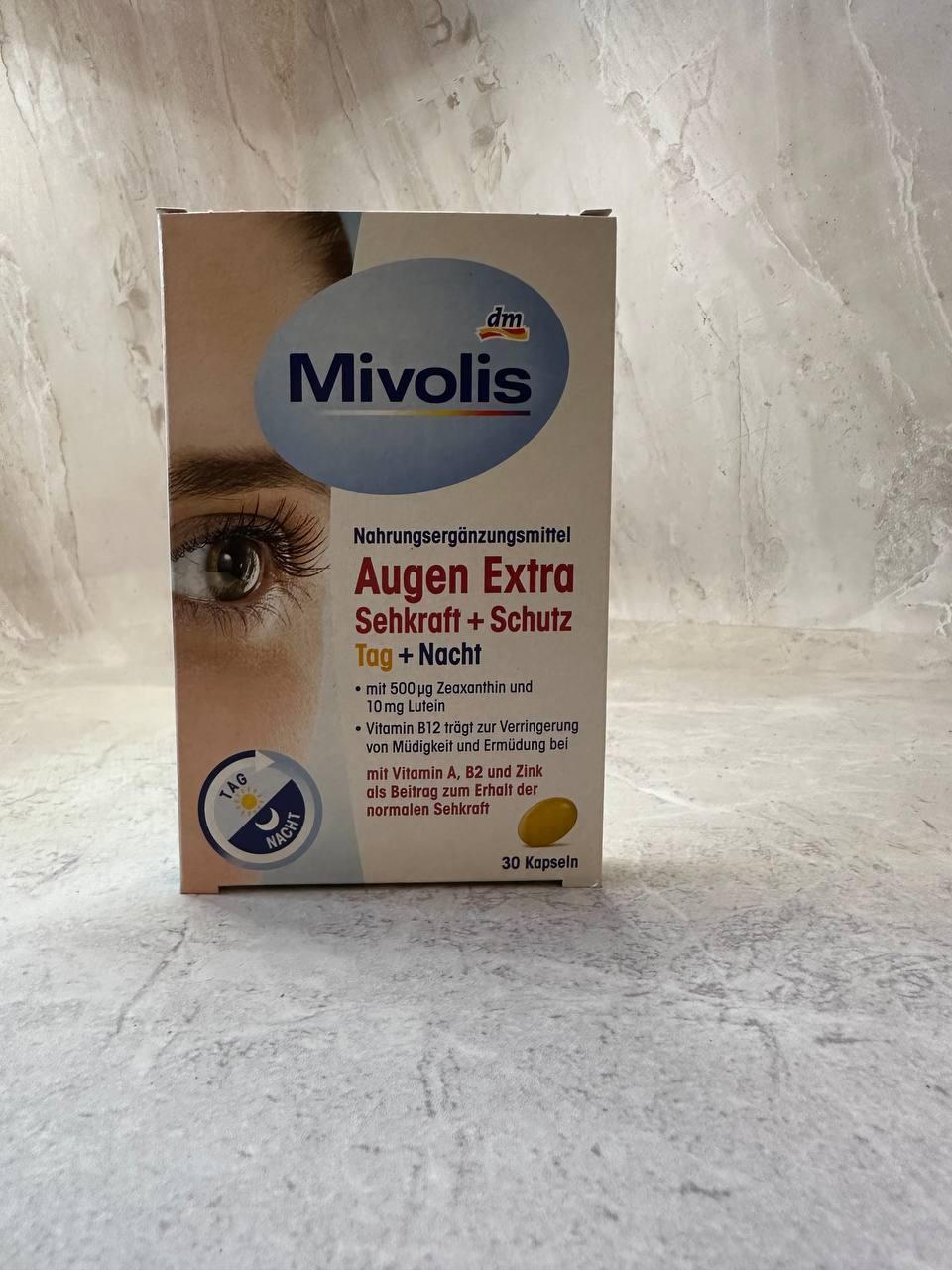 Вітаміни для очей з лютеїном Mivolis Augen Extra Sehkraft + Schutz, Tag + Nacht, Kapslen - 30 капсул, фото 1