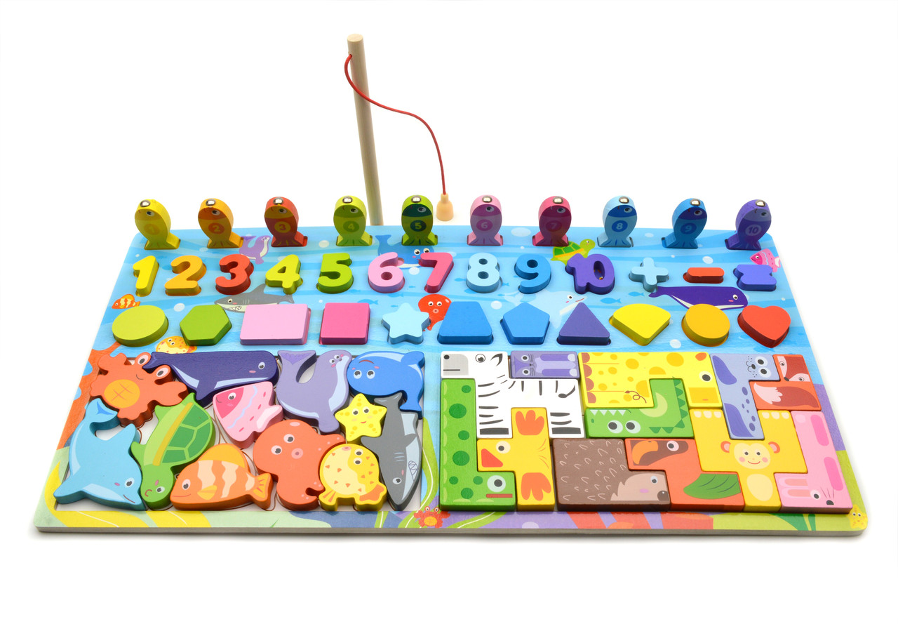 Логічна дерев'яна дошка 73325 сортер риболовля пазл зоопарк цифри фігурки, фото 1