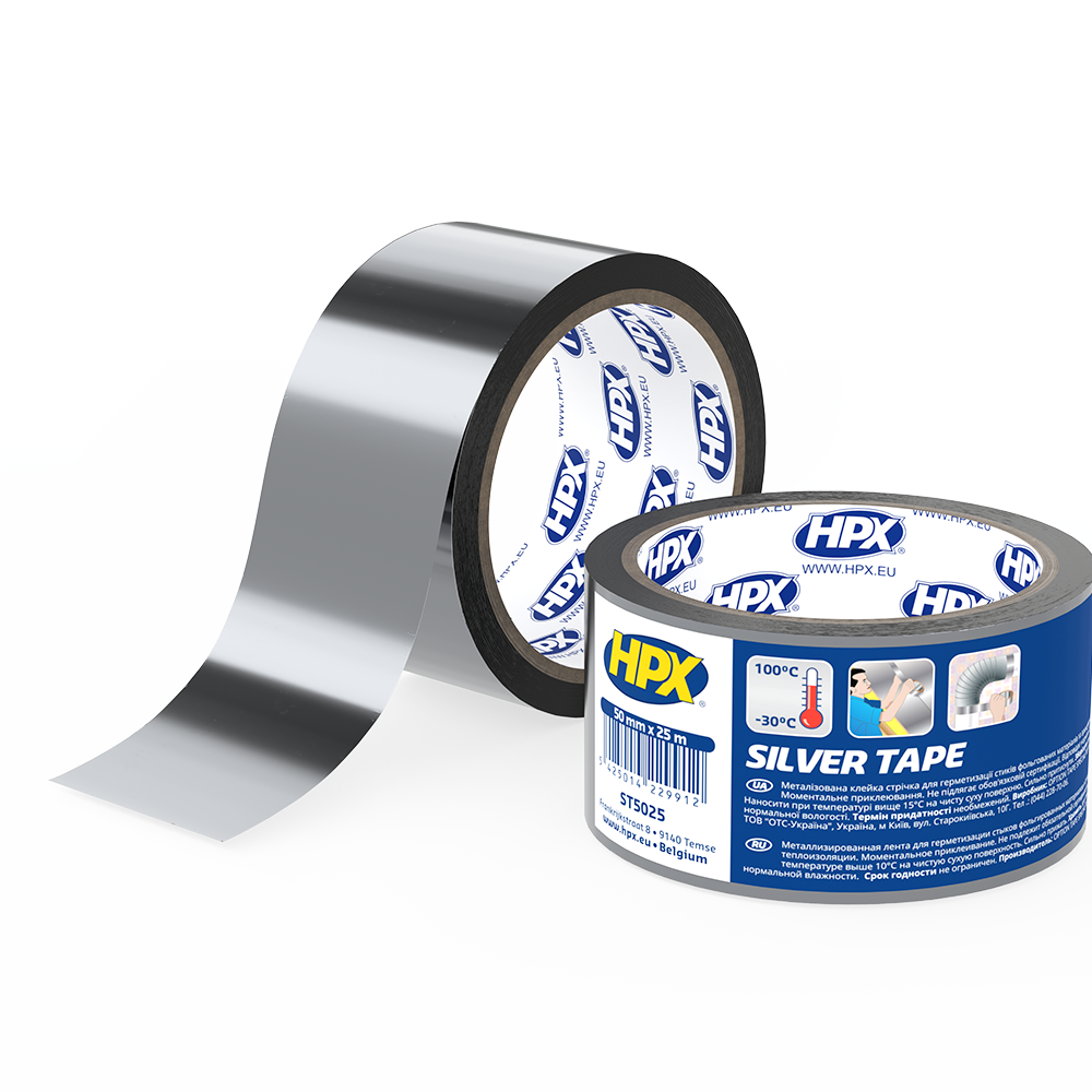 HPX Silver Tape, 50мм x 25м, металізована самоклеюча стрічка (металізований скотч) HPX, фото 1