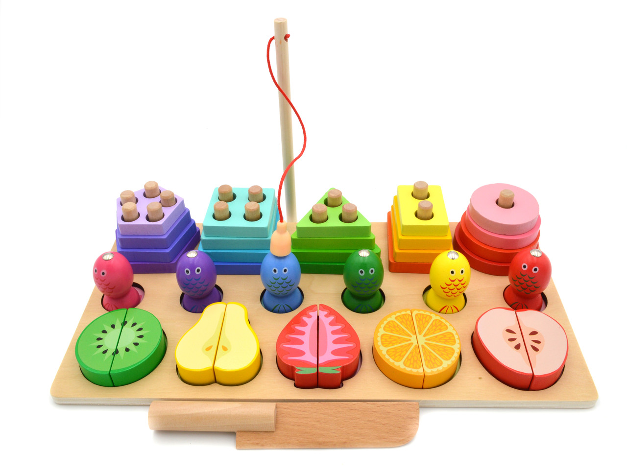 Логічна дерев'яна дошка 74534 сортер пірамідка розрізні фрукти риболовля форми кольори, фото 1