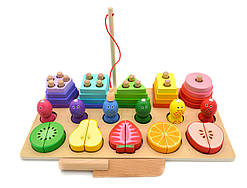 Логічна дерев'яна дошка 74534 сортер пірамідка розрізні фрукти риболовля форми кольори