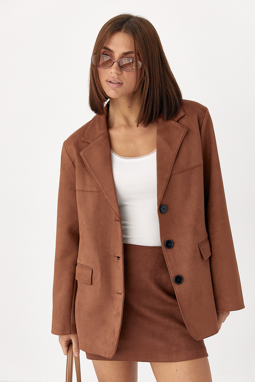 Жіночий замшевий жакет на ґудзиках — коричневий колір, ONE SIZE (є розміри), фото 1