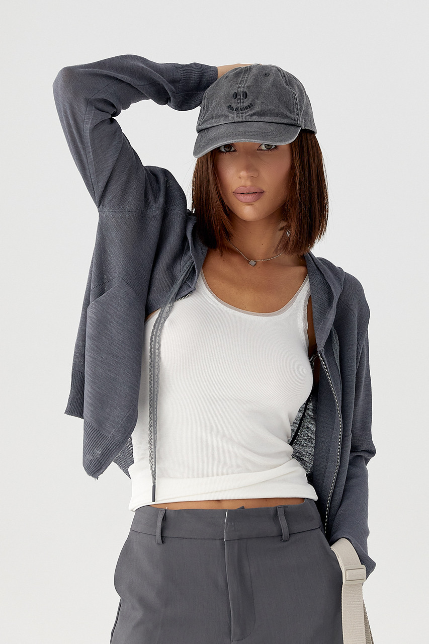 В'язаний кардиган з капюшоном — темно-сірий колір, ONE SIZE (є розміри), фото 1