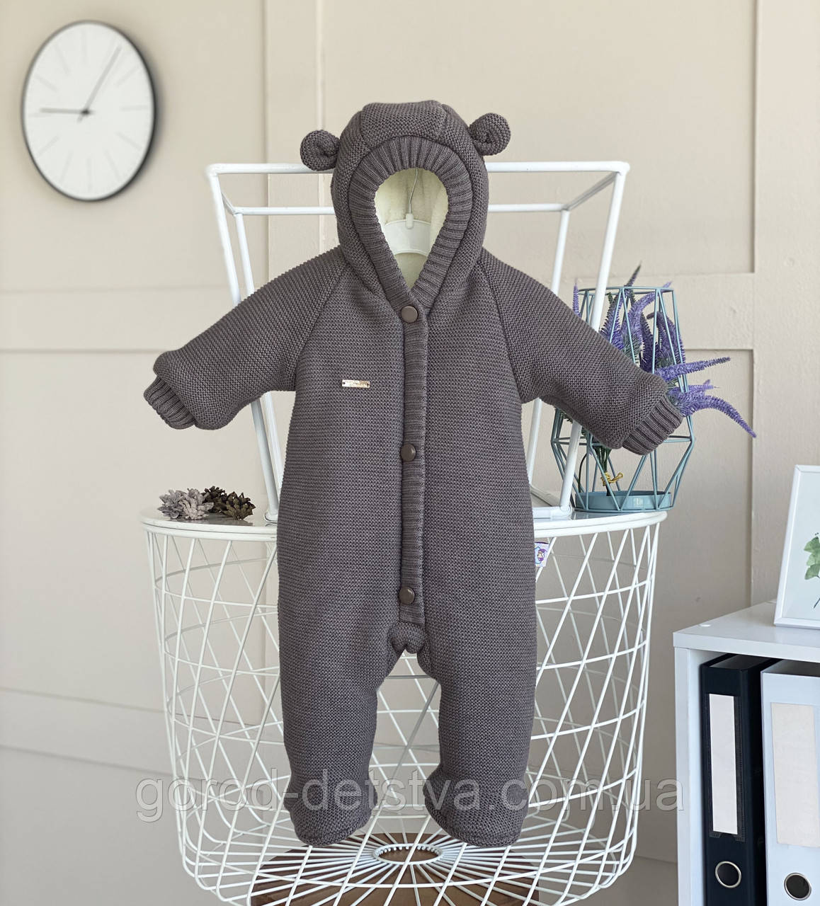Дитячий в'язаний чоловічок для новонародженного з капюшоном 62 68 см Мішутка Kids fantasy, фото 1