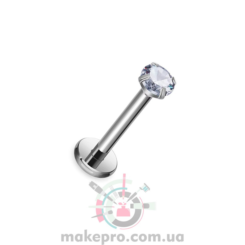 Титановий лабрет із внутрішнім різьбленням і цирконом ASTM F136, 1.2×10 мм, камінь 3 мм, фото 1
