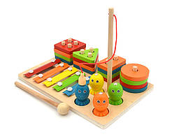 Логічна дерев'яна дошка 74245 сортер-пірамідка ксилофон риболовля форми кольори