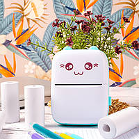 Портативний міні принтер з набором білого паперу 5 рулонів, дитячий кишеньковий термопрінтер з Bluetooth "Котик"