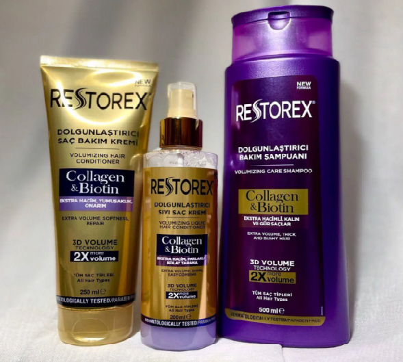 2х БІЛЬШЕ ОБ`ЄМУ: Restorex Set 3 in 1, Набір Ресторекс для об`єму волосся "Колаген та біотин" (шампунь, кондиціонер, спрей), фото 1