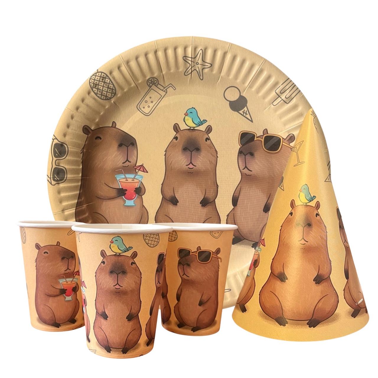 Набір одноразового посуду "Капібара" Тарілки -10 шт Стаканчики - 10 шт Ковпачки 10 шт