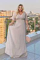 Елегантна вечірня довга сукня з блиском та V-подібним вирізом срібляста Розміри: 50-52, 54-56, 58-60, 62-64