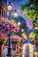 Діамантова вишивка. Картина на підрамнику Вулиця у квітах, 40х60 см, квадратні стрази