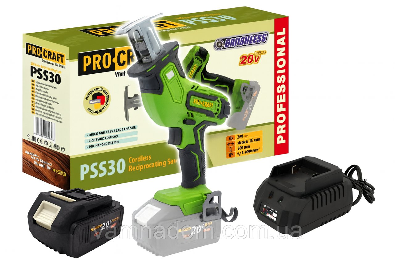 Акумуляторна шабельна пила Procraft PSS30 (Акумулятор 20 В, 4 А/год і зарядний пристрій), фото 1