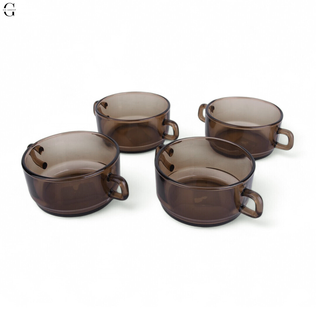 Набір скляних борщівниць 350 мл із ручками, термостійкі, димчастий колір, 4 шт., фото 1