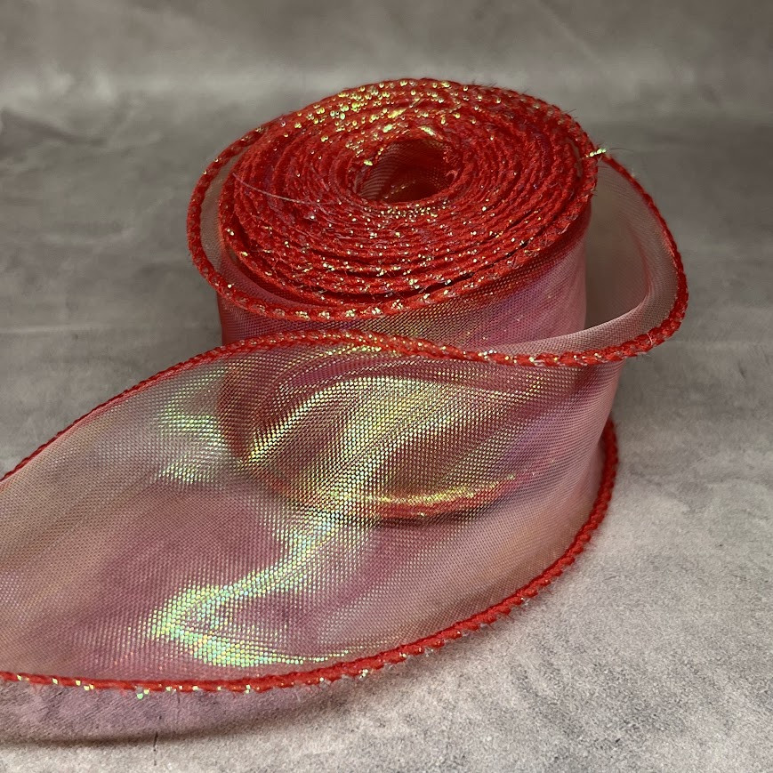 Стрічка Органза з прошитим кантом, ширина ≈4 см, червоний (хамелеон), арт 018924, упаковка ≈7,5 метрів, Червоний, фото 1