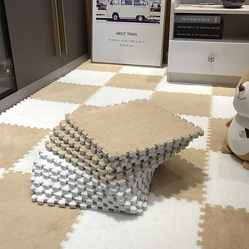 10шт Килим-пазл плюшевий, 30×30см, Білий з бежевим / М'які пазли на підлогу / Дитячий килим пазл з ворсом