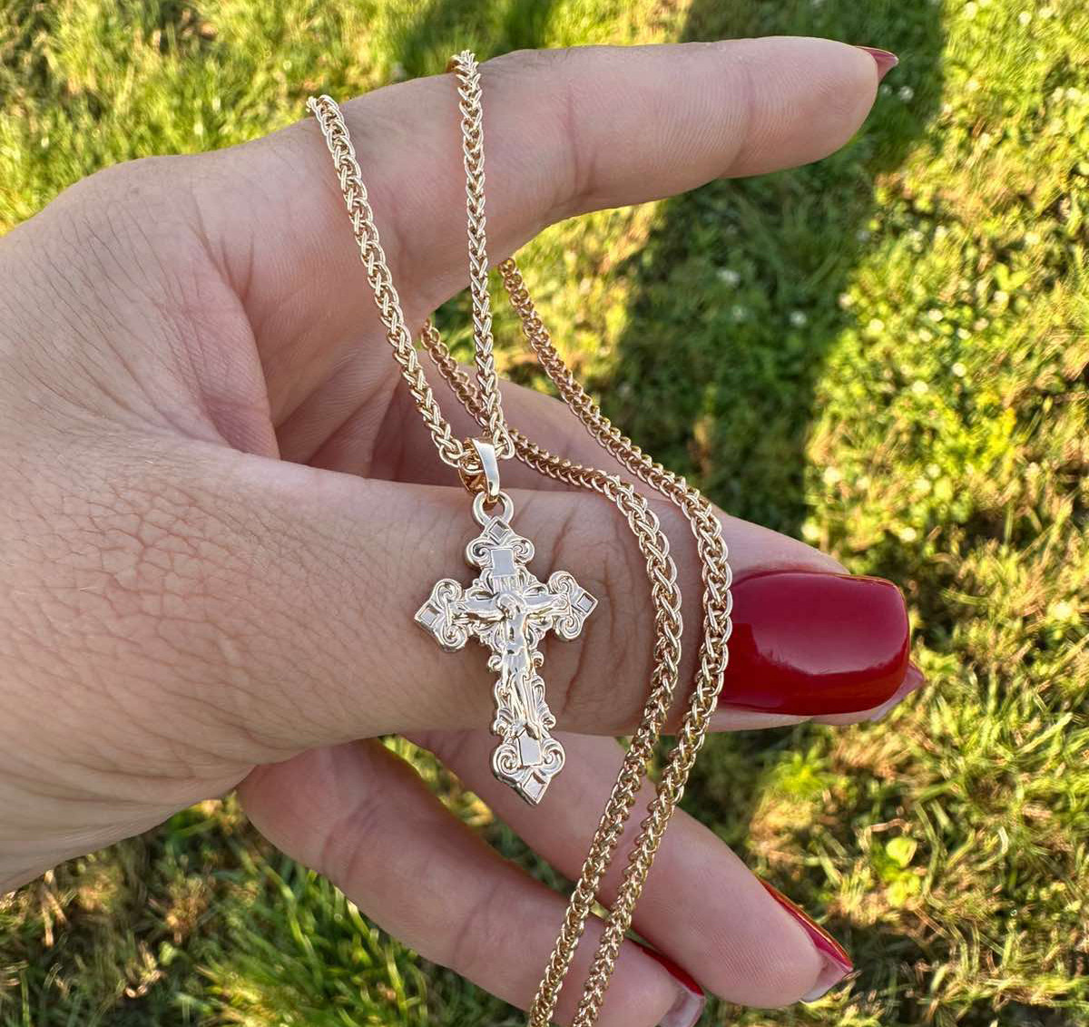 Набір Ланцюжок 45 см (3  мм) + Хрестик 3 см (18к колір золота 585п) 76-04, фото 1