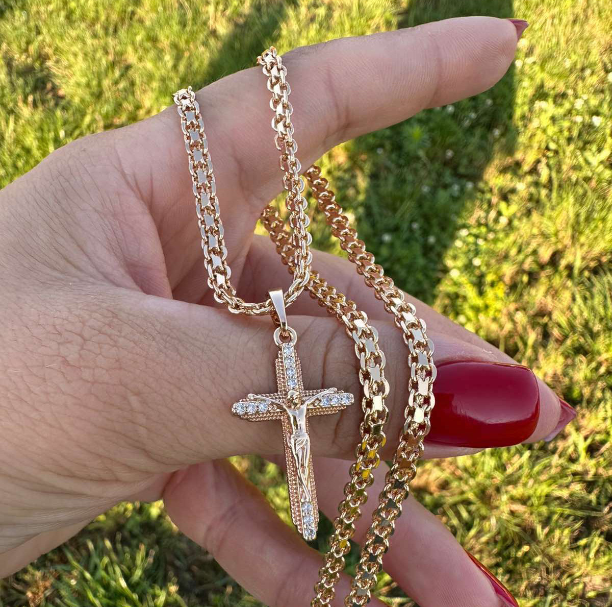 Набір Ланцюжок 60 см (4 мм) + Хрестик 3 см (18к колір золота 585п) 76-09, фото 1