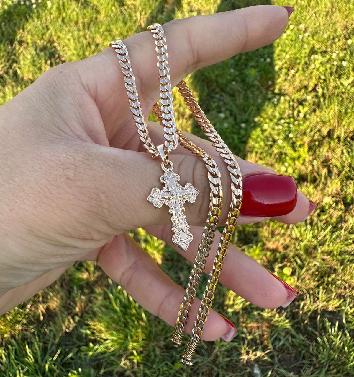 Набір Ланцюжок 45 см (4 мм) + Хрестик 3 см (18к колір золота 585п) 76-10, фото 1