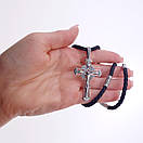 Чоловічий срібний хрестик на шовковому шнурку з срібними вставками. Цепочка шовкова із хрестиком. 55 см, фото 3