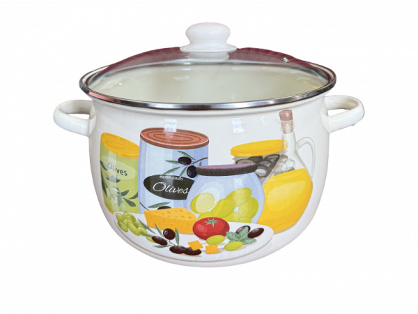 Каструля емальована зі скляною кришкою 7 л. Interos Мікс, фото 1