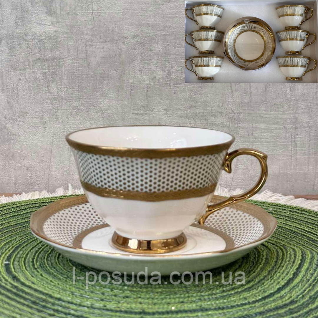 Чайний порцеляновий набір Афродіта: 6 чашок - 240мл, 6 блюдець колір - білий із золотом, фото 1