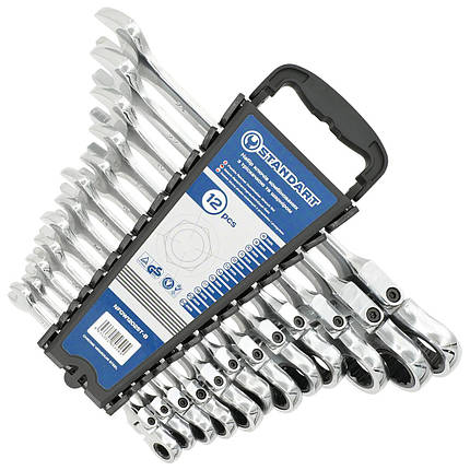 Набір ключів 8-24 мм комбінованих з тріскачкою і шарніром 12 шт. на холдері NFGW1202ST-B STANDART, фото 1