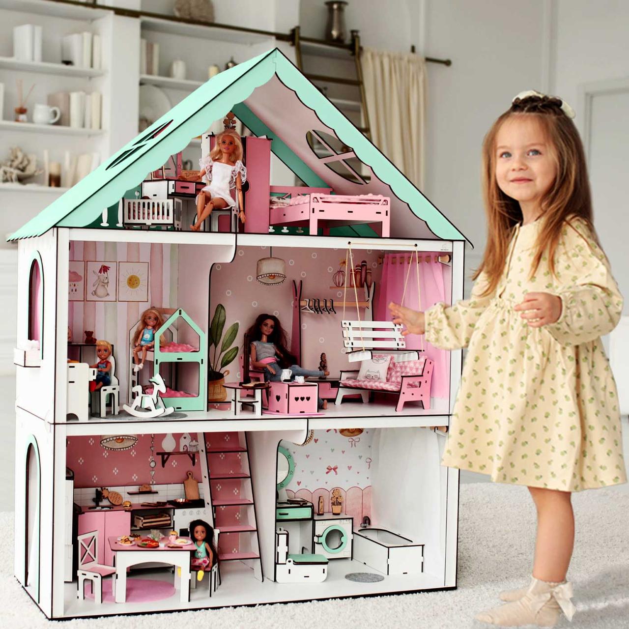 "Фантазія" ляльковий будиночок NestWood для Барбі, м'ятний + вітальня, фото 1