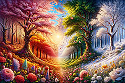 Діамантова вишивка. Картина на підрамнику Ліс у всі пори року, 40х60 см, квадратні стрази