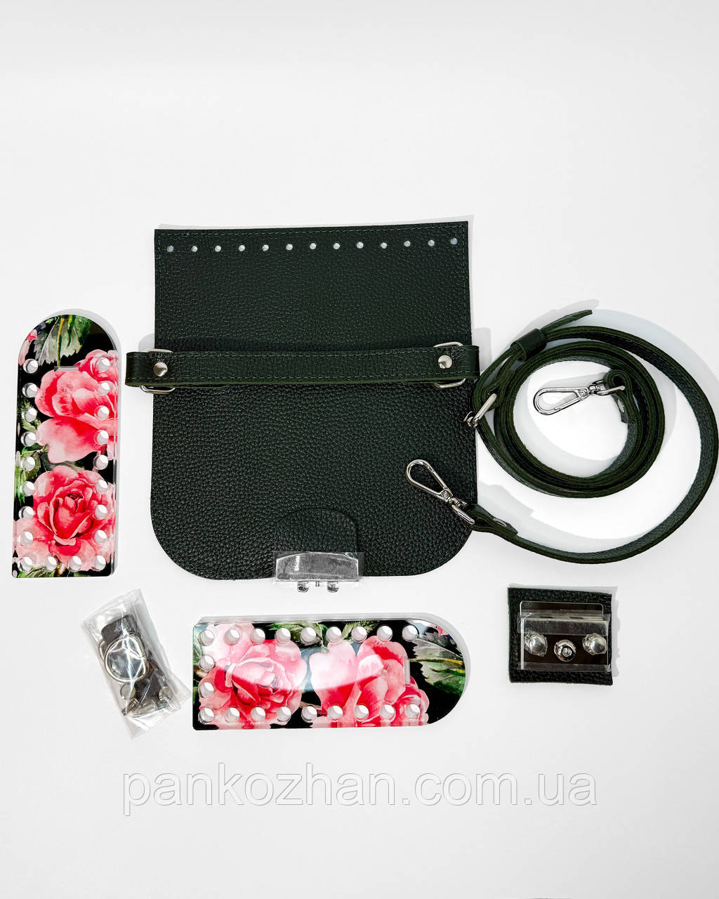 Набір шкіряної фурнітури для сумки МК 4.0 темно зелений флотар, срібло, акрил принт піони, фото 1