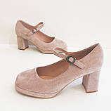 Бежеві замшеві туфлі на стійких підборах ремінець 34 35 36 розмір, фото 2