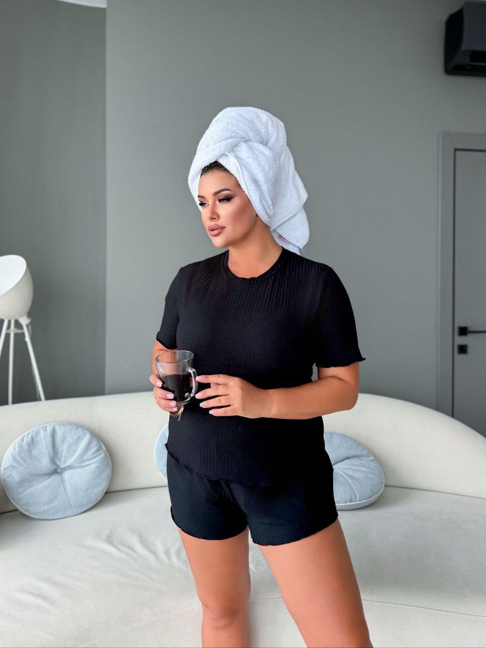 Жіноча піжама (футболка+шорти) ; Колір: чорний, Фреза, Ліловий; Розміри 50-52, 54-56, 58–60 ;, фото 1