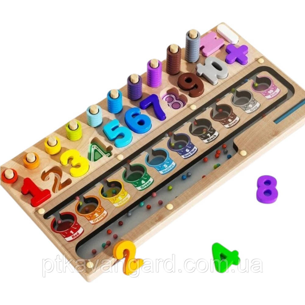 Логічна дерев'яна дошка сортер монтесорі розвиваюча (цифри, кульки, кільця) C 74027, фото 1