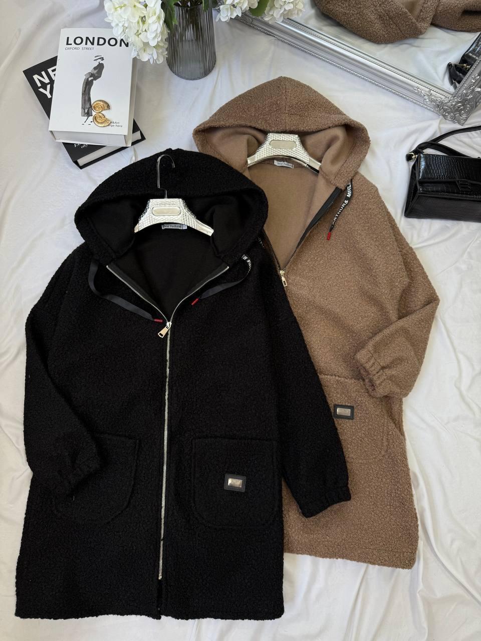 Жіночий теплий осінній подовжений кардиган з затишний тренч пальто капюшоном на блискавці кишені букле каракуль, фото 1