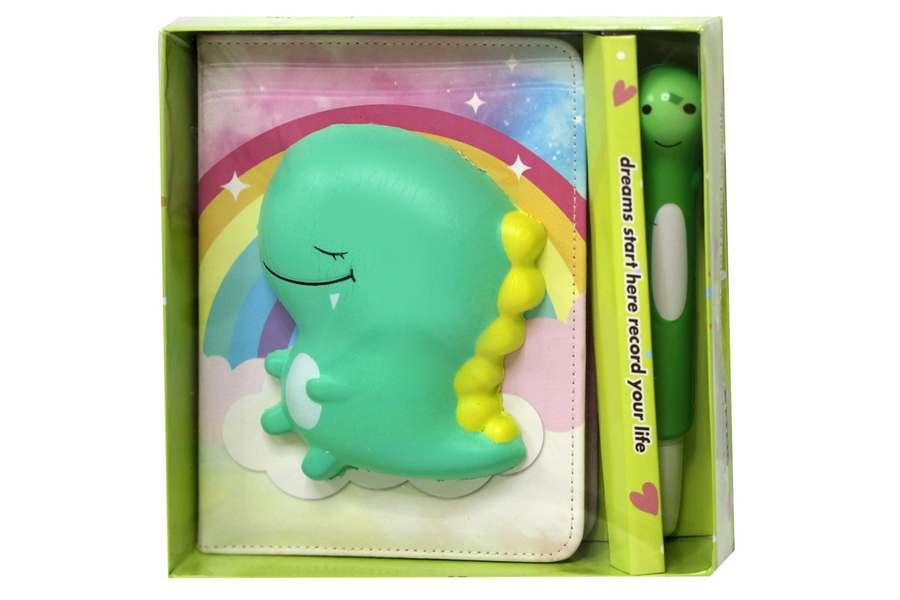 Набір: Блокнот зі сквішем 13*18см, 100 кольорових аркушів + ручка сквіш Динозавр, в кор. 18*18*5см, фото 1