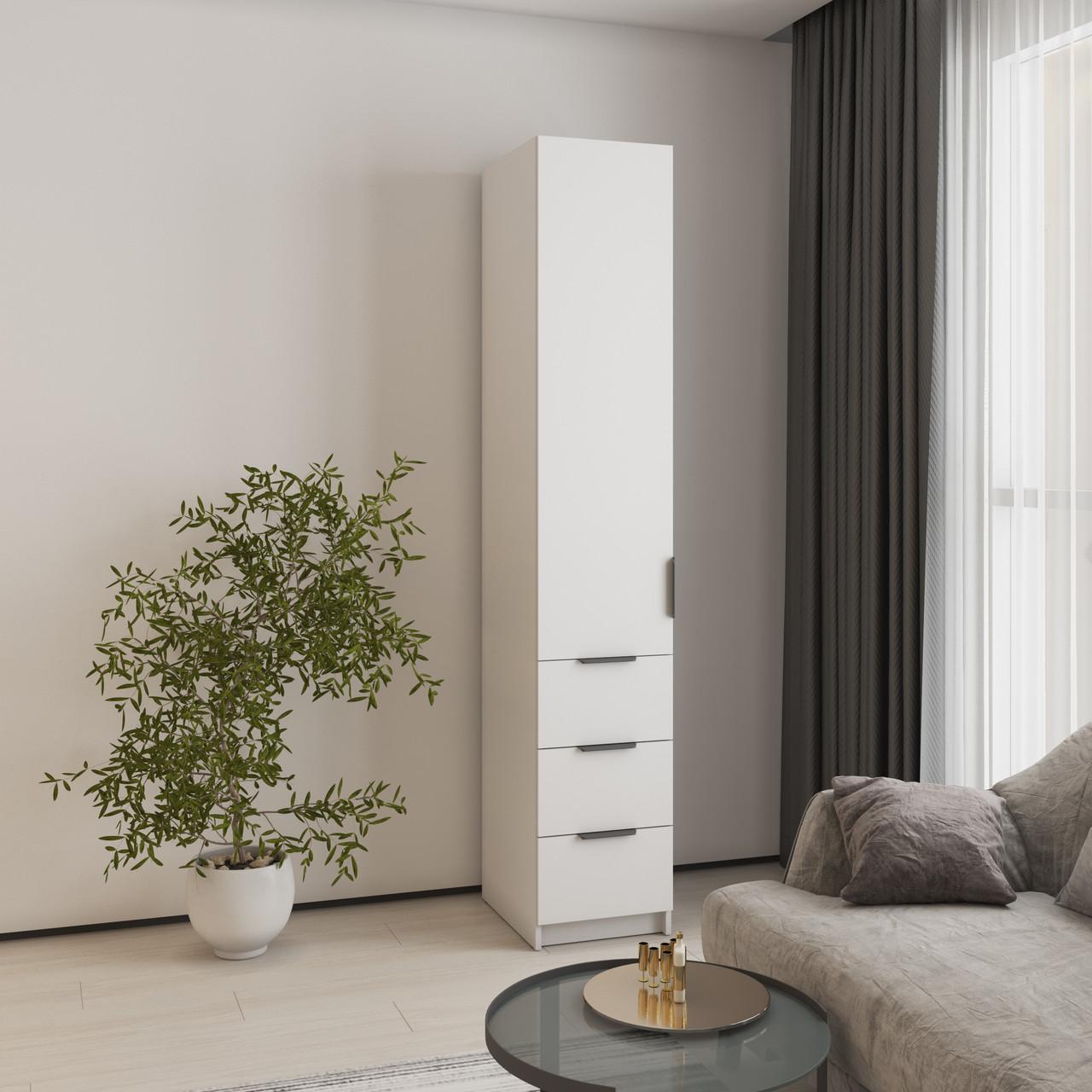 Стильний високий підлоговий пенал 40 см білий з полицями для книг і шухлядами в кімнату вітальню зал Оскар