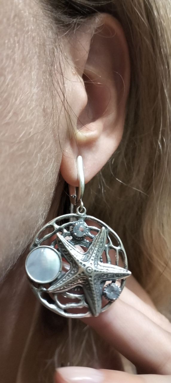 Срібні сережки-підвіски з перламутром, фото 1