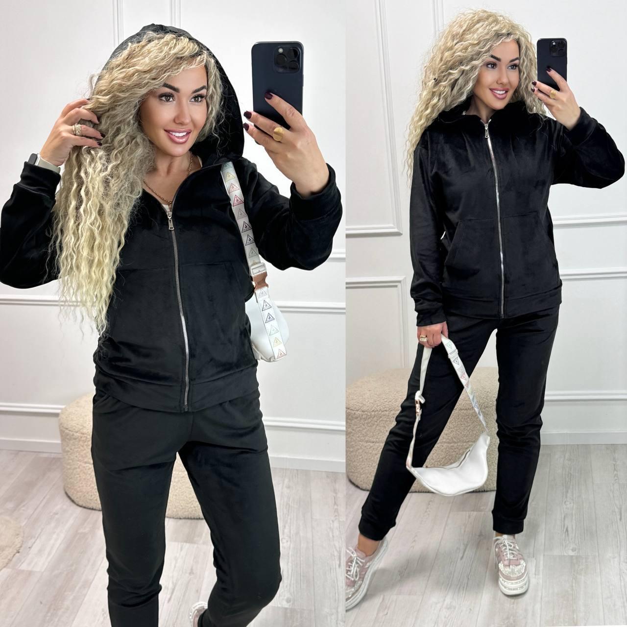 Жіночий велюровий м'який осінній костюм велюр плюш кофта на блискавці з кишенями штани на манжеті, фото 1