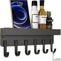 Настінна магнітна металева полиця з гачками 24,5 см, чорна кріпиться на магніт або гвинти